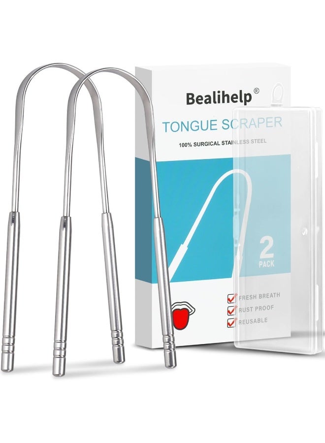 Bealihelp 2 Pack Tongue Scraper, 100% Surgical 304 Stainless Steel Tongue Cleaner for Adults And Kids, Professional Tongue Brush for Oral Care, Improve Bad Breath and Fresh Breath - Image 1